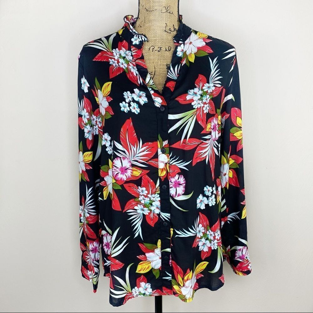 Life Style Tropical Floral Palm Print Ruffle Collar Button‎ Down Shirt Black L